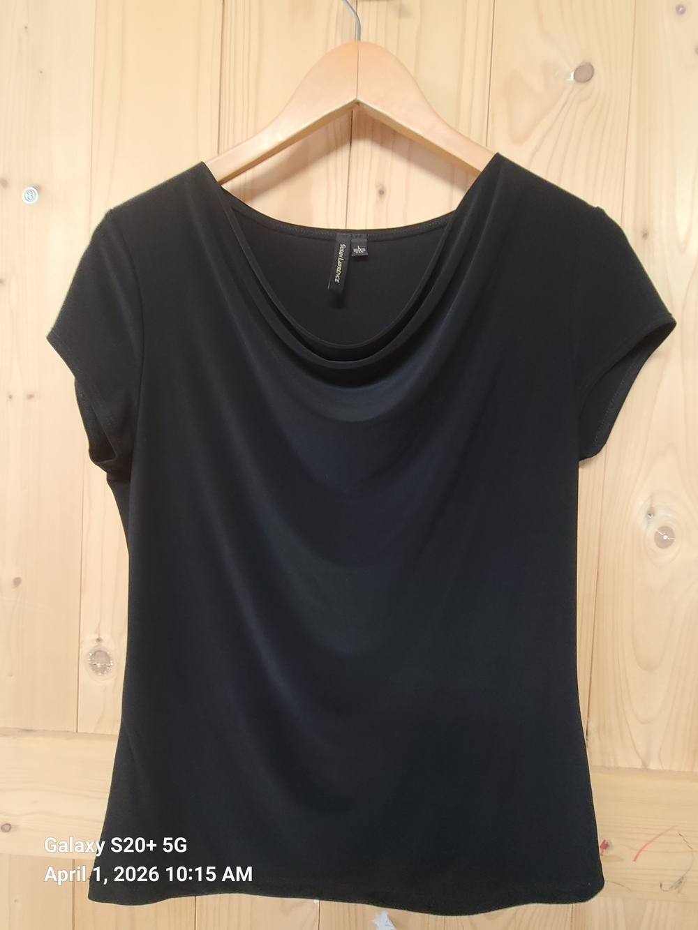 Susan‎ Lawrence  Black Draped-Neck Short Sleeve Top